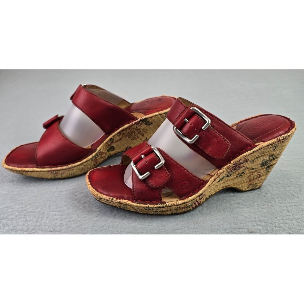 Born Red Leather Double Buckle Wedge Slide Sandals 10 M Boho Comfort Cork Floral